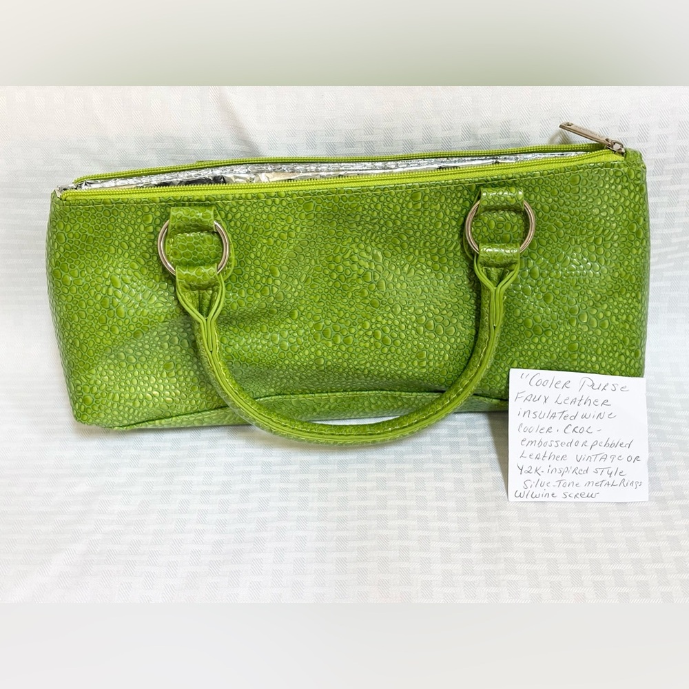 Cooler purse, faux, leather insulated wine cooler. Croc embossed or pebbled.